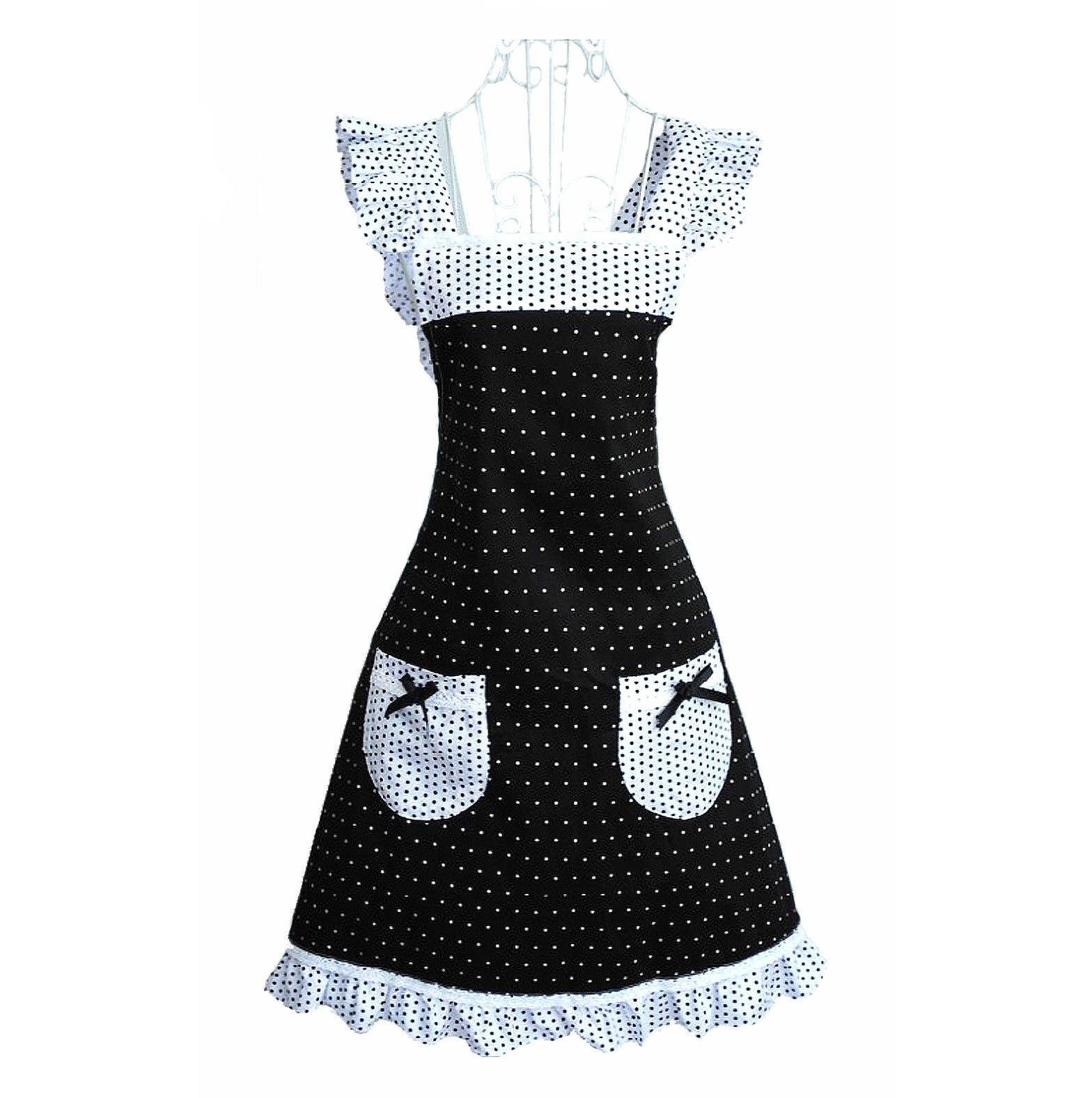 Hyzrz Princess Frill Lace Polka Dot Kitchen Cooking Aprons for Women with Pockets Cross BacK